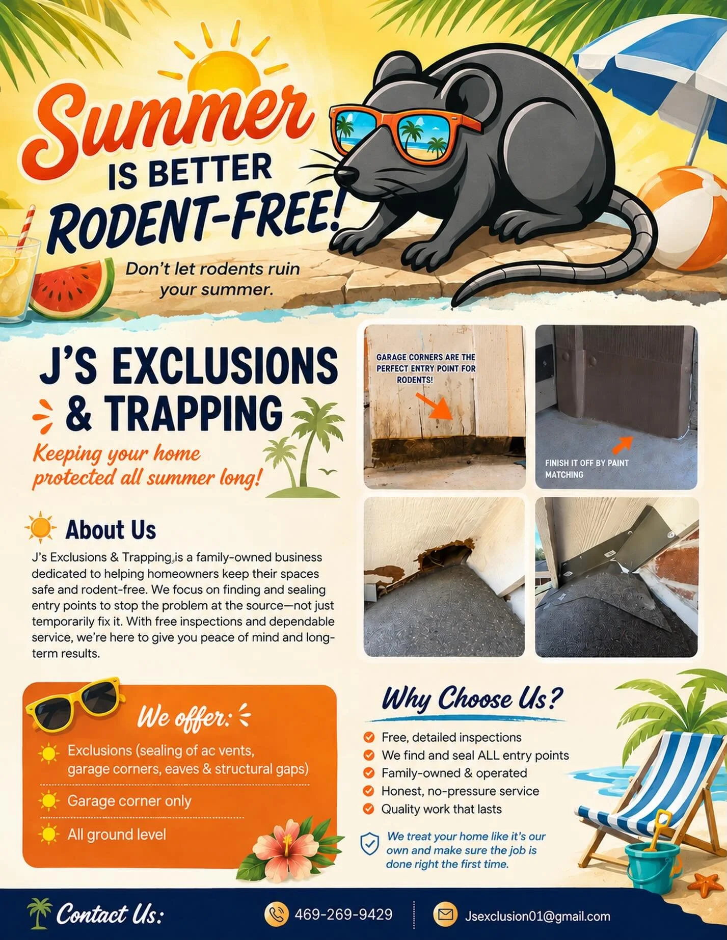 ☀️ Summer is here &mdash; and rodents are looking for a way inside. 🐭🏠

Message J&rsquo;s Exclusions today for a FREE inspection &amp; keep your home protected all summer long! 🔒☀️