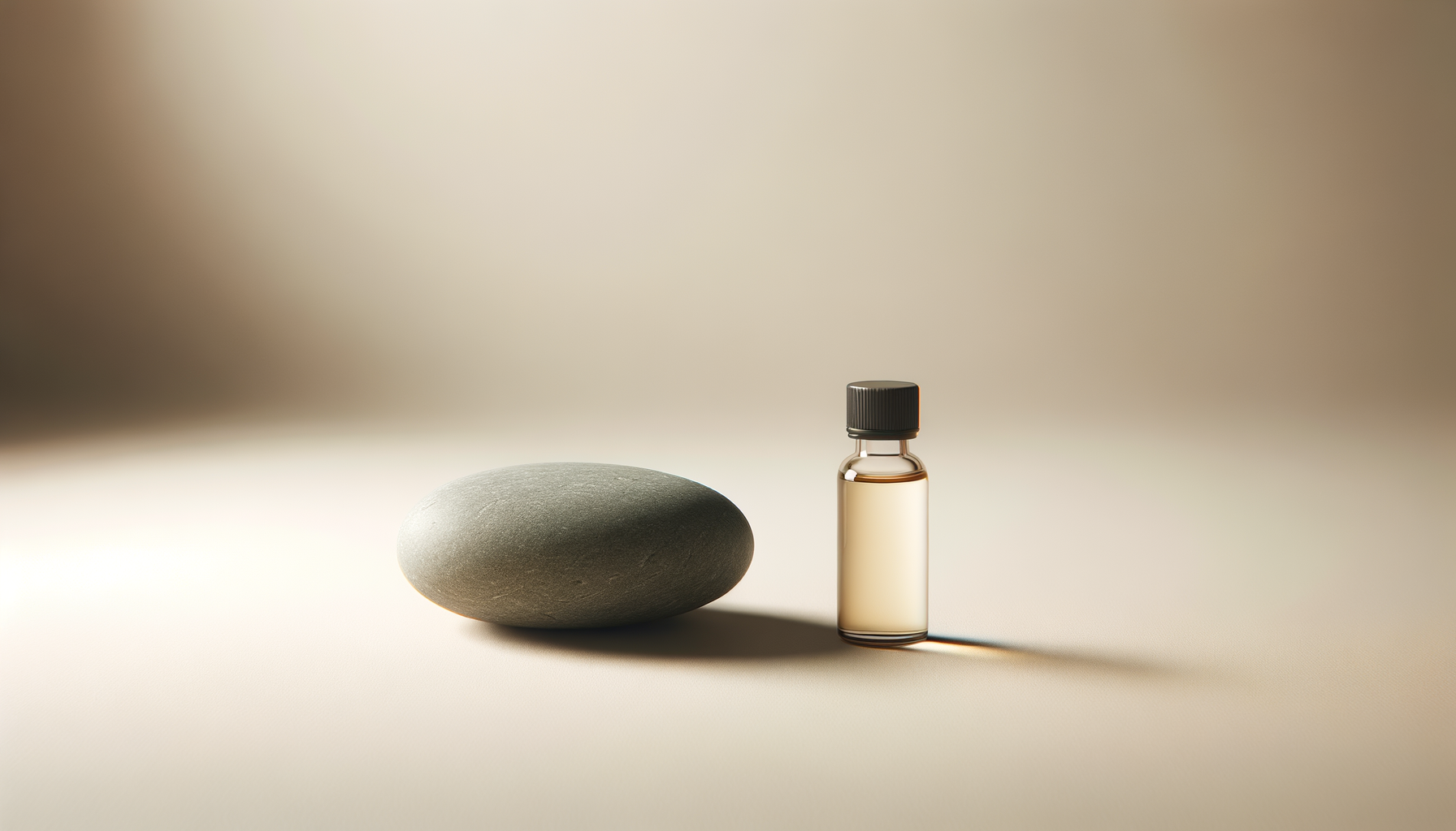 A smooth gray stone and a small glass bottle with a black cap on a beige surface with a gradient background.