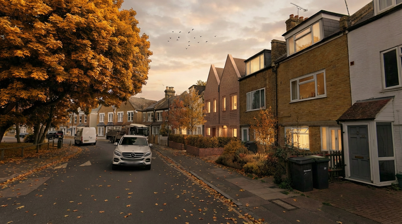 A quiet residential street during autumn sunset, with trees having orange and yellow leaves, parked cars, and houses with lit windows.