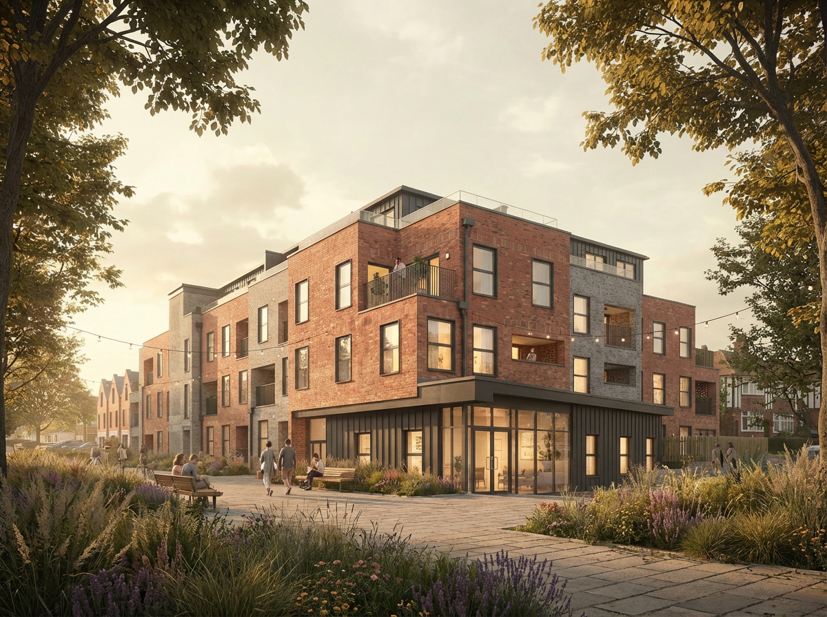 A modern multi-story apartment building with brick and gray facade, large windows, and small balconies, surrounded by trees and a landscaped plaza with benches and people walking and sitting