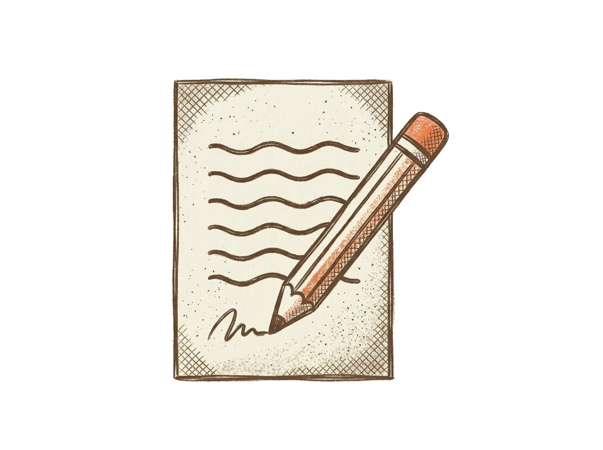 A sketch of a piece of paper with wavy lines and a scribbled signature, partially covered by a large brown pencil.