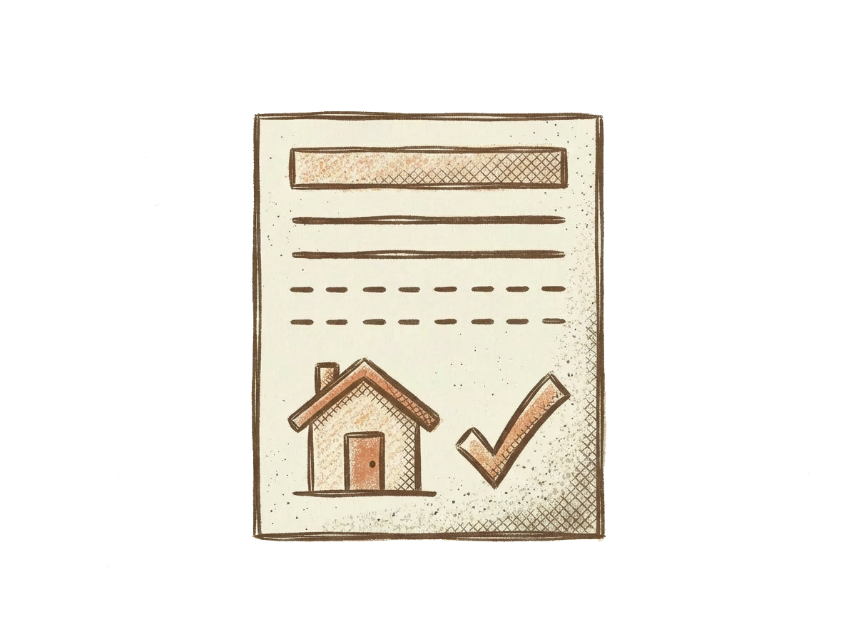 Sketch of a house with a checkmark next to it, suggesting approval or completion.