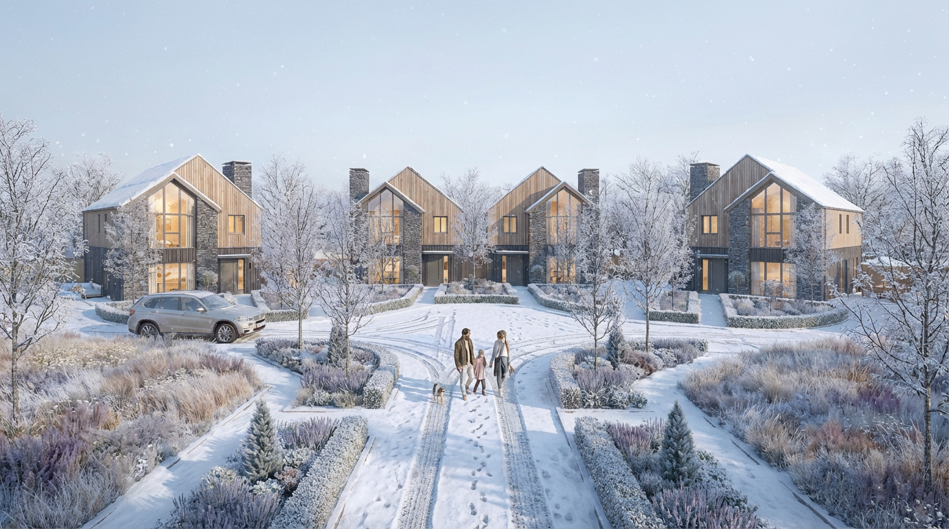 Family walking on snowy path in front of modern houses during winter, with snow-covered trees and landscape.