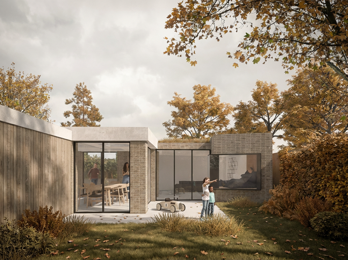 Modern single-story home with large glass windows, surrounded by trees and autumn foliage, with children playing outside.