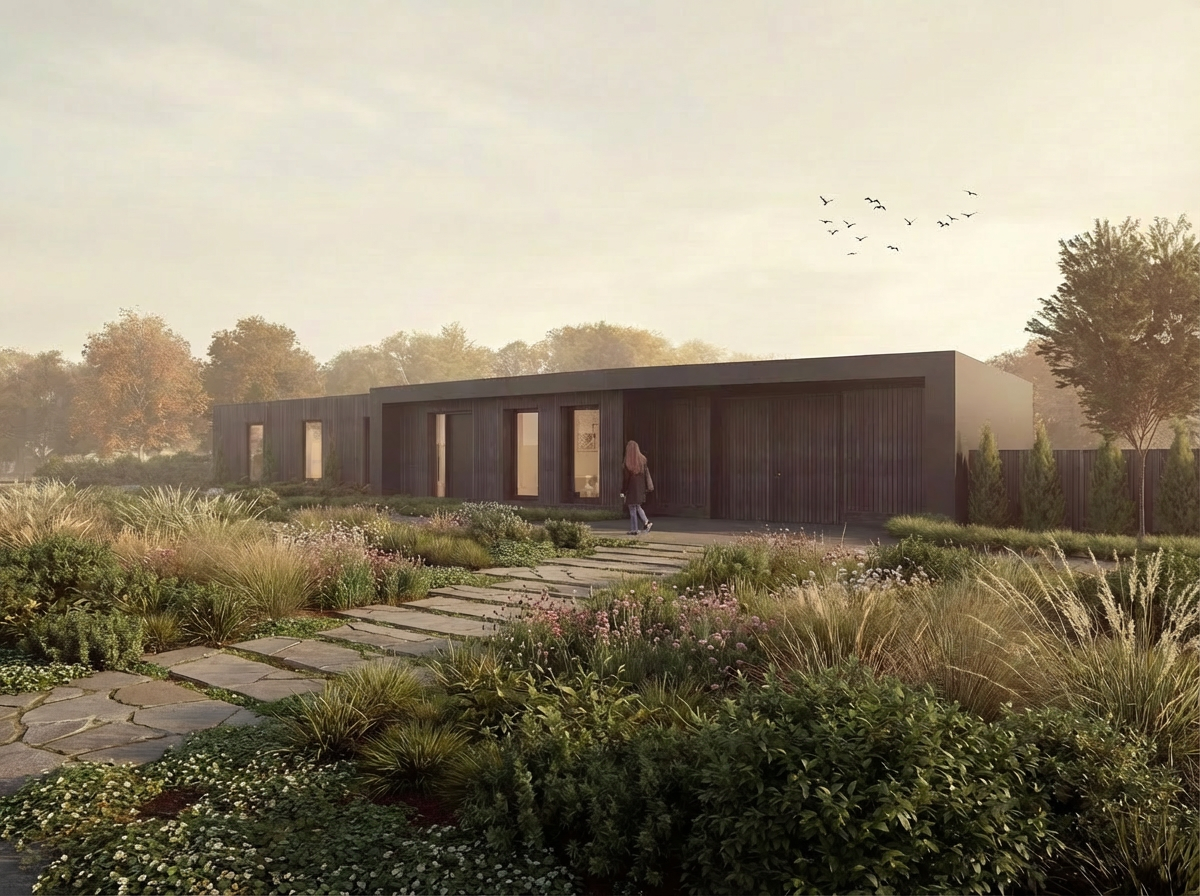 Modern single-story house with dark exterior, large windows, surrounded by landscaped garden with various plants, stone pathway, and a person walking towards the house. Trees and a flock of birds in the sky are visible in the background.