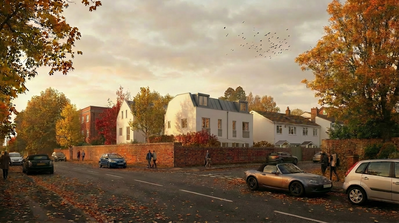 A street scene during autumn with parked cars, pedestrians, and trees with colorful fall foliage. Modern and traditional houses are visible behind a brick wall, with leaves on the ground and a flock of birds in the sky.