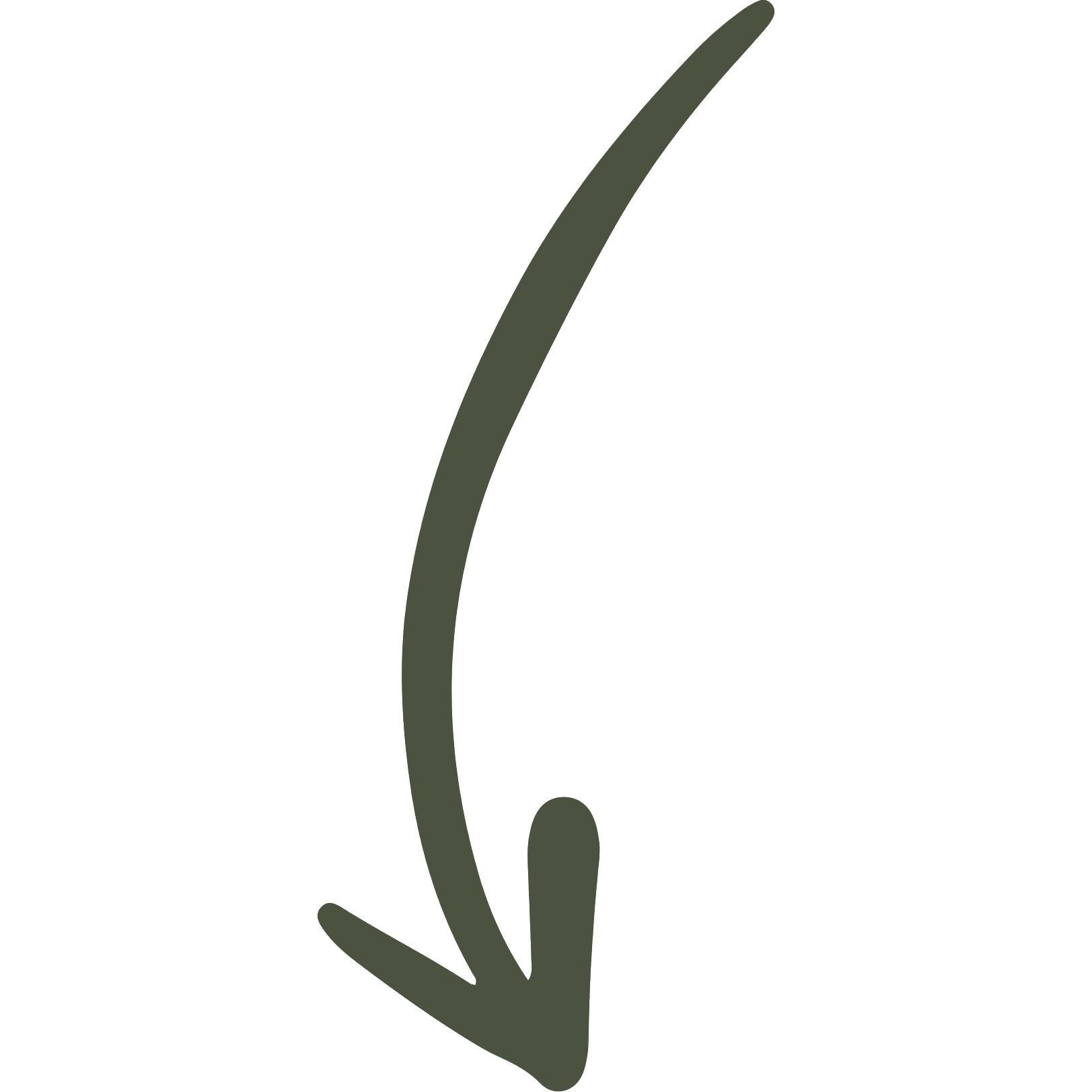 A large, dark green arrow pointing downward and to the left against a black background.