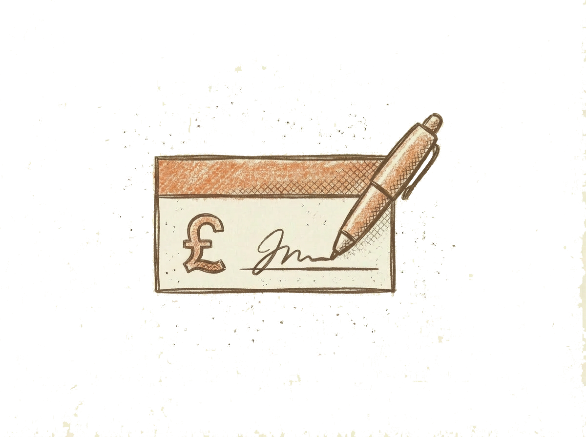 Illustration of a check with a British pound symbol, a signature, and a pen resting on the check.