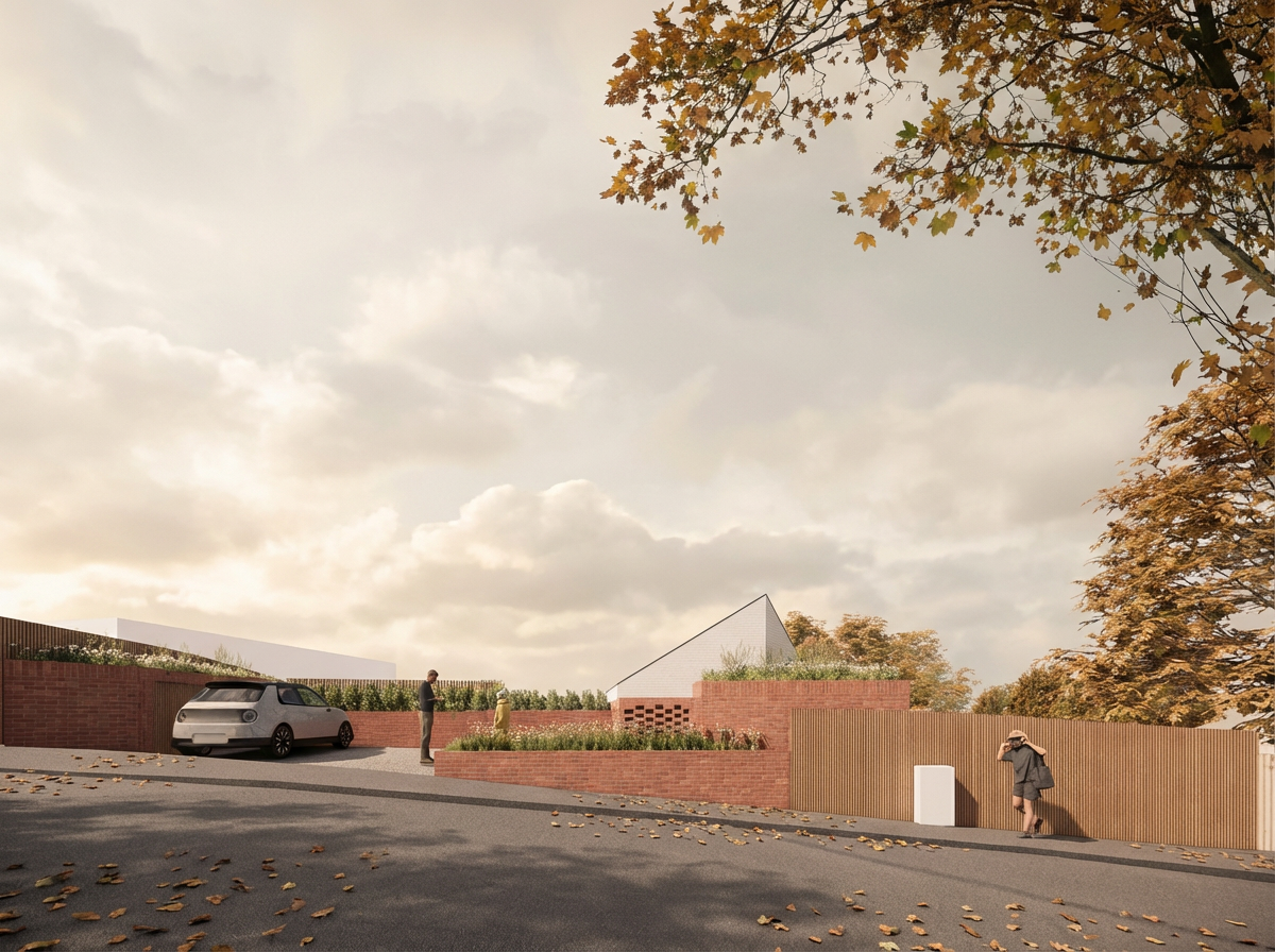 A modern architectural landscape with brick walls, a car, and people walking near a residential area with trees and overcast sky.