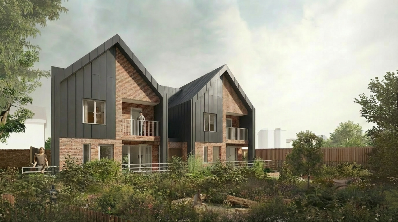 A modern multi-story house with brick walls and black metal siding, surrounded by a garden with trees and bushes.