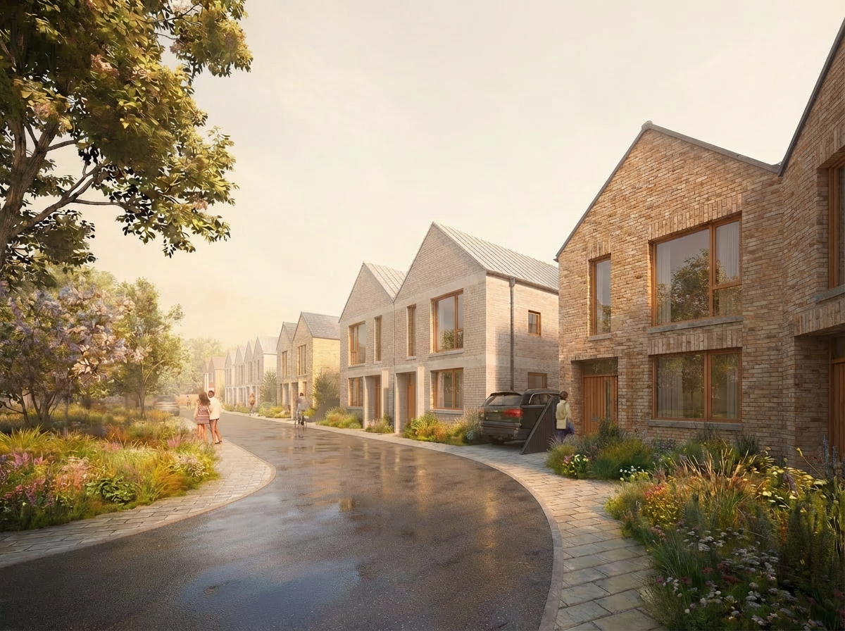 Quiet suburban street with modern brick houses, lush landscaping, and a wet asphalt road.