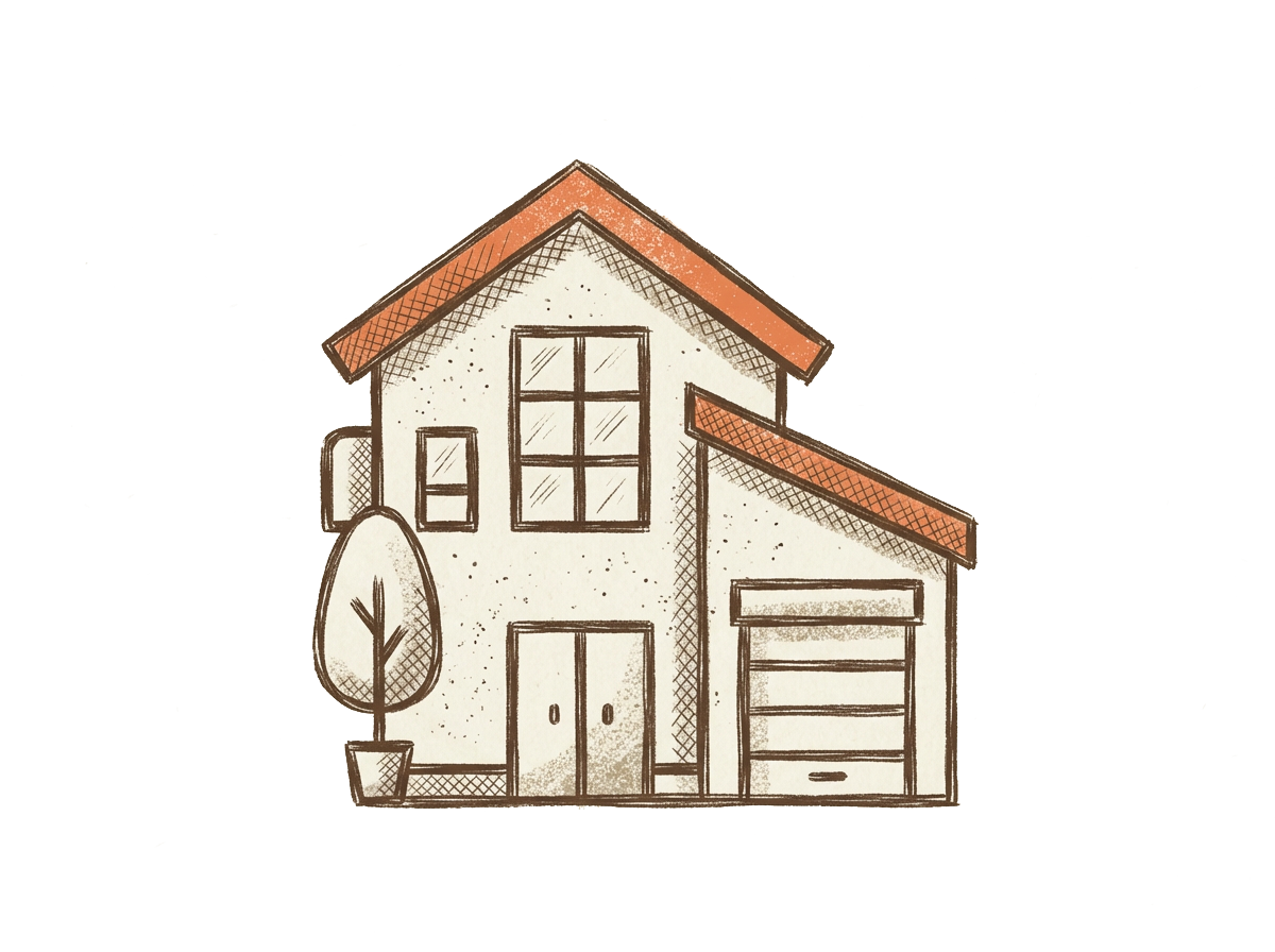 Hand-drawn illustration of a two-story house with a garage, a potted tree, and a window on each floor.