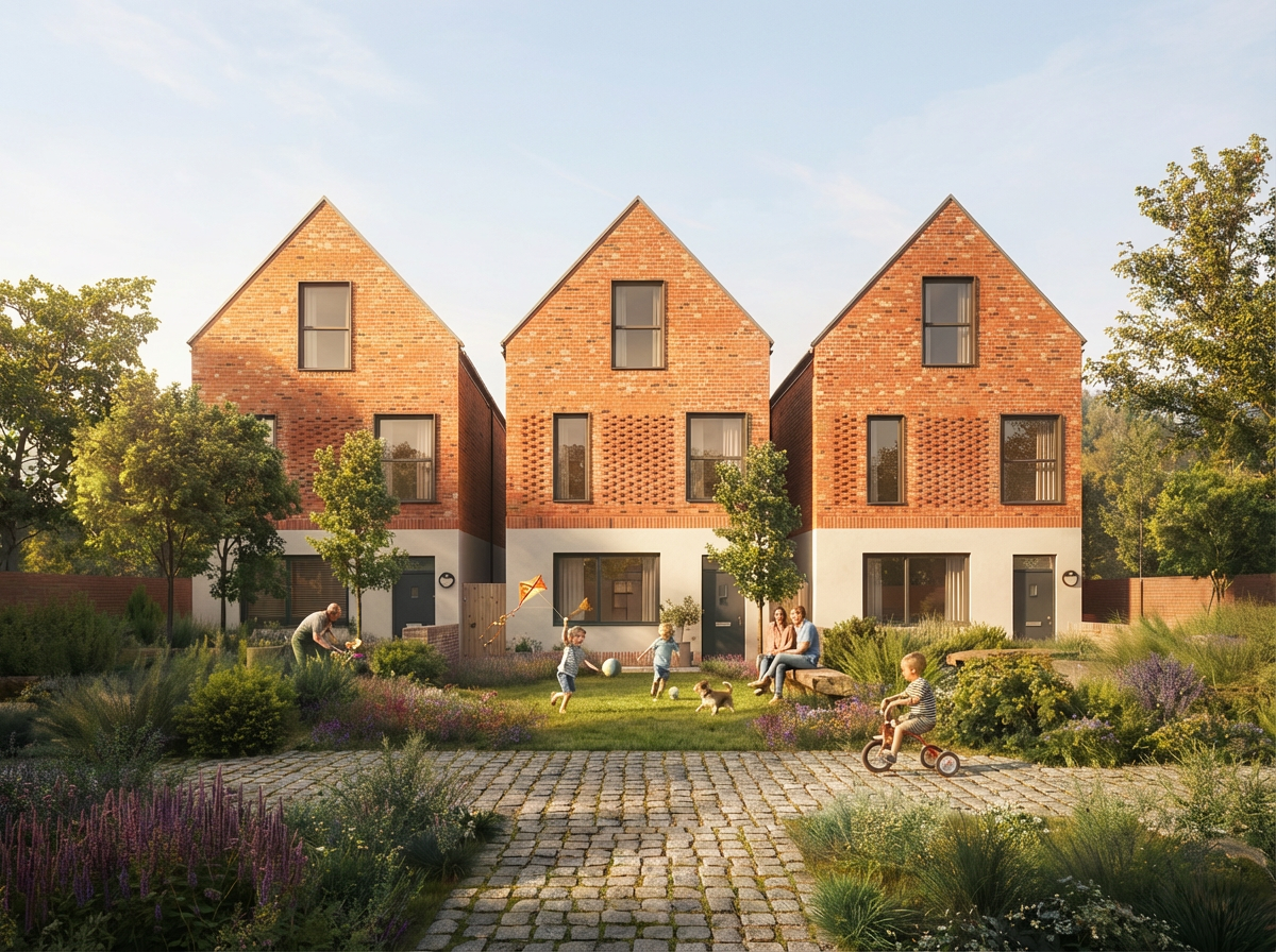A row of three modern brick townhouses with large windows, surrounded by a lush garden with children playing and a woman sitting on a bench under a tree.