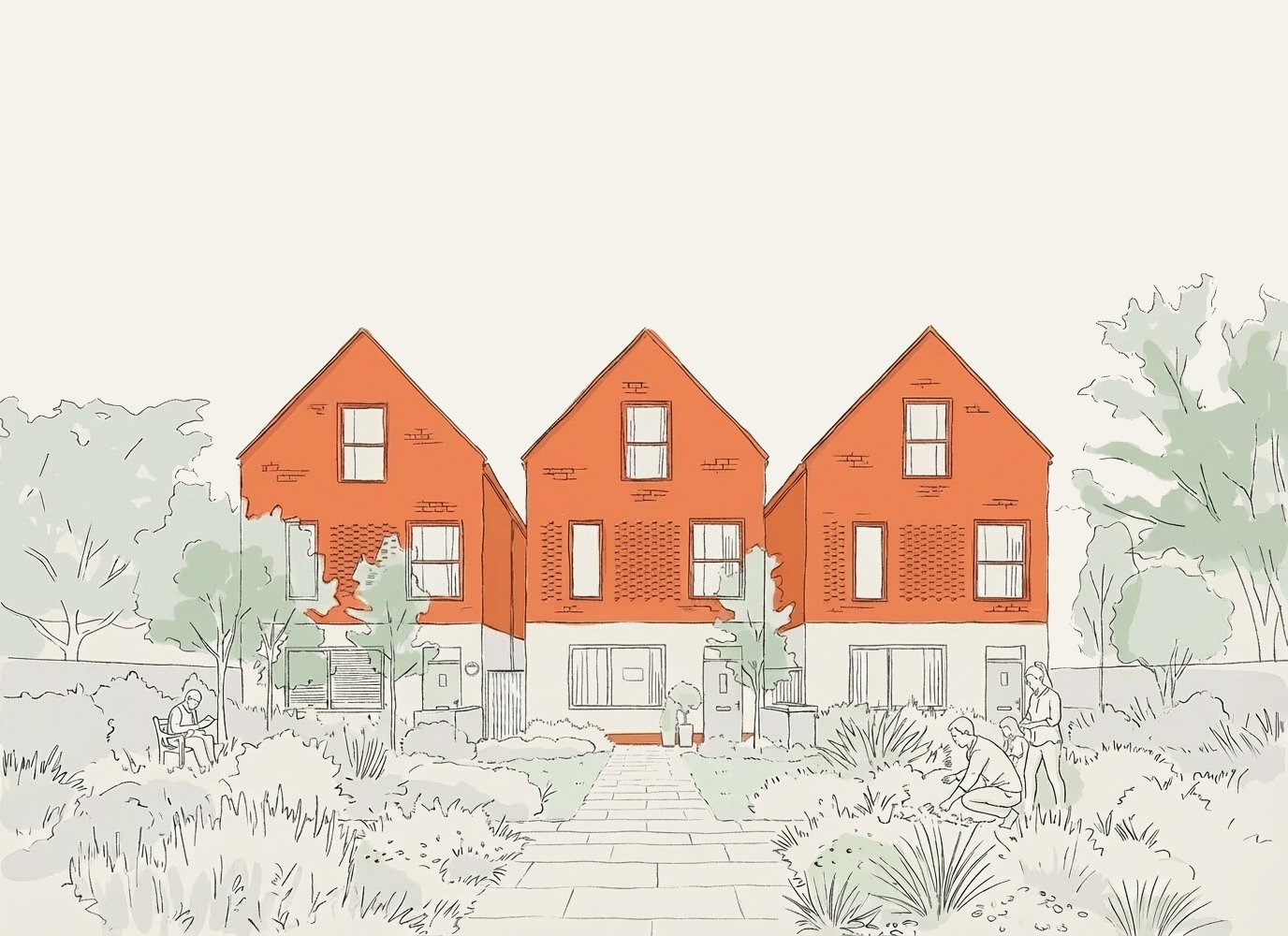 Illustration of three brick houses with pitched roofs, surrounded by trees and bushes, with people walking and sitting in the garden.