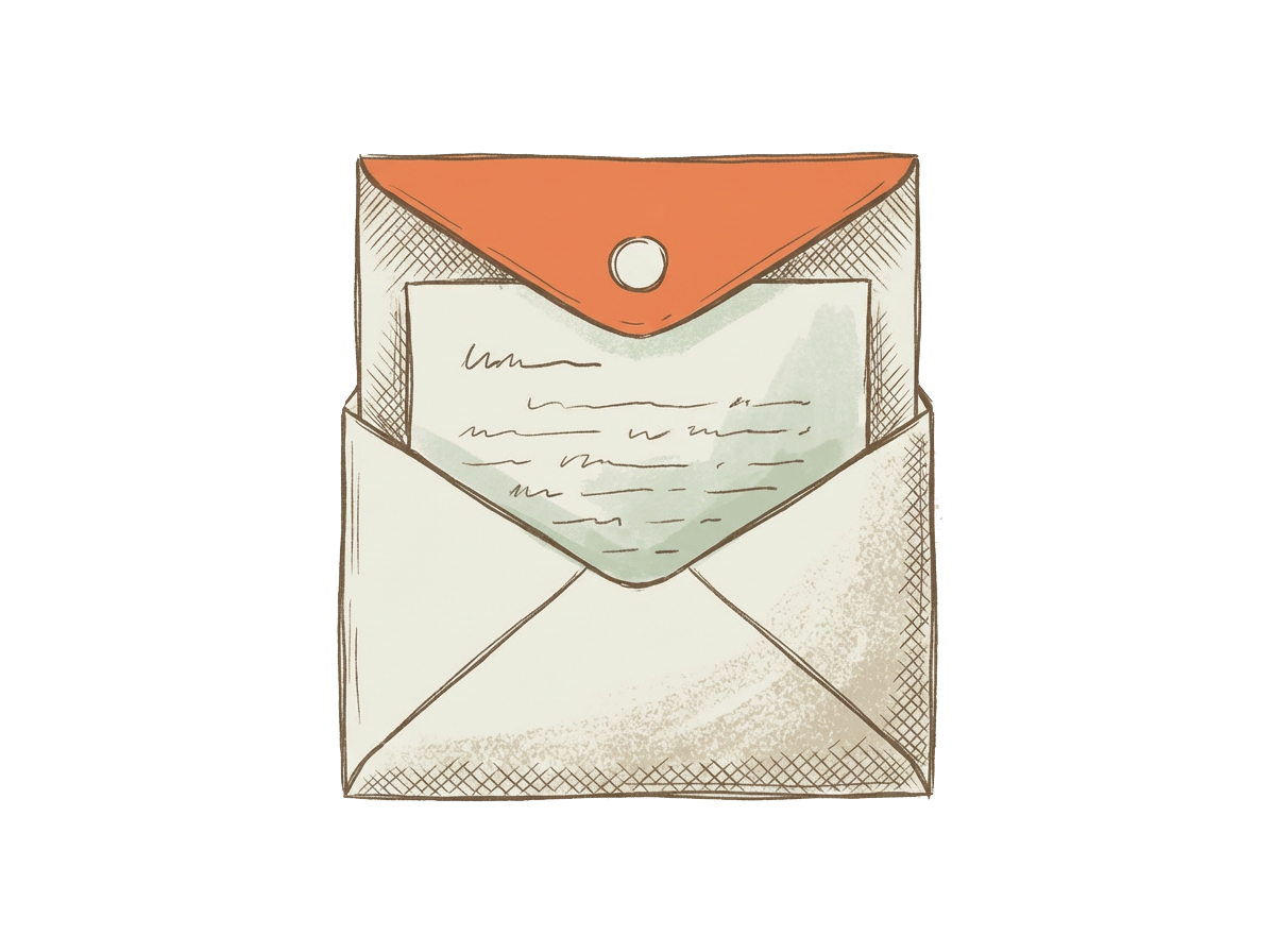 Open envelope with a letter inside and a red flap at the top.