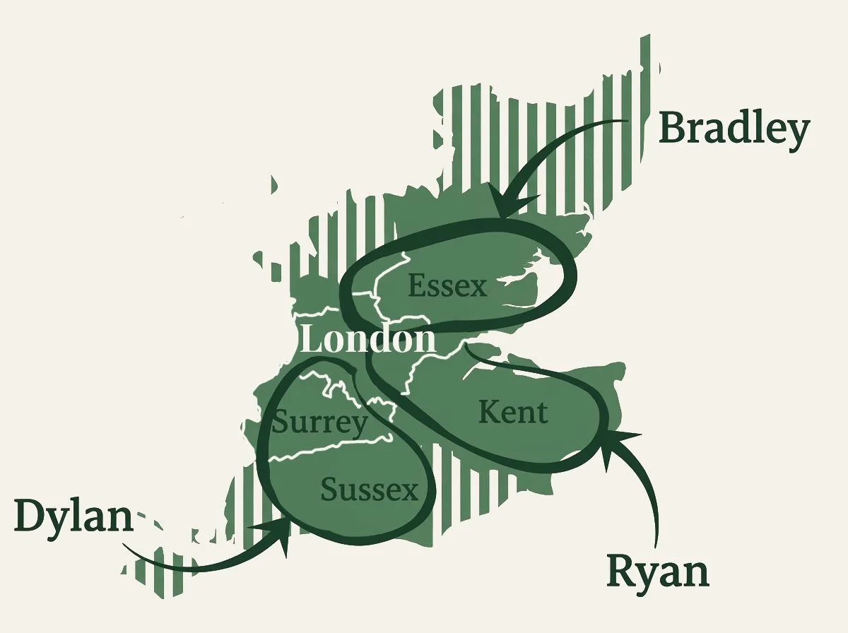 Map of England showing regions including London, Essex, Kent, Surrey, Sussex, and areas named Bradley, Dylan, and Ryan, with arrows indicating connections among the regions.