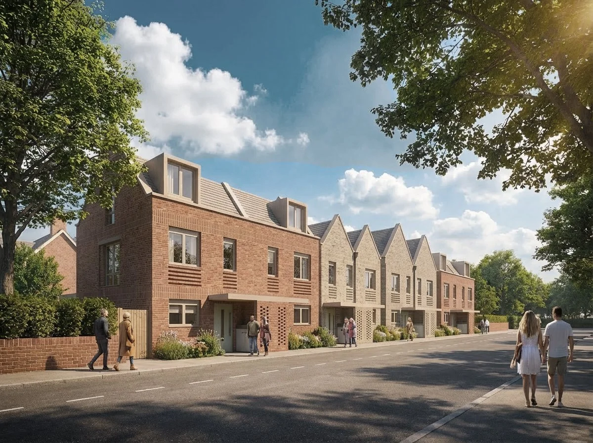 A row of modern townhouses with brick and stone facades along a sunlit street, with trees and pedestrians enjoying a clear day.