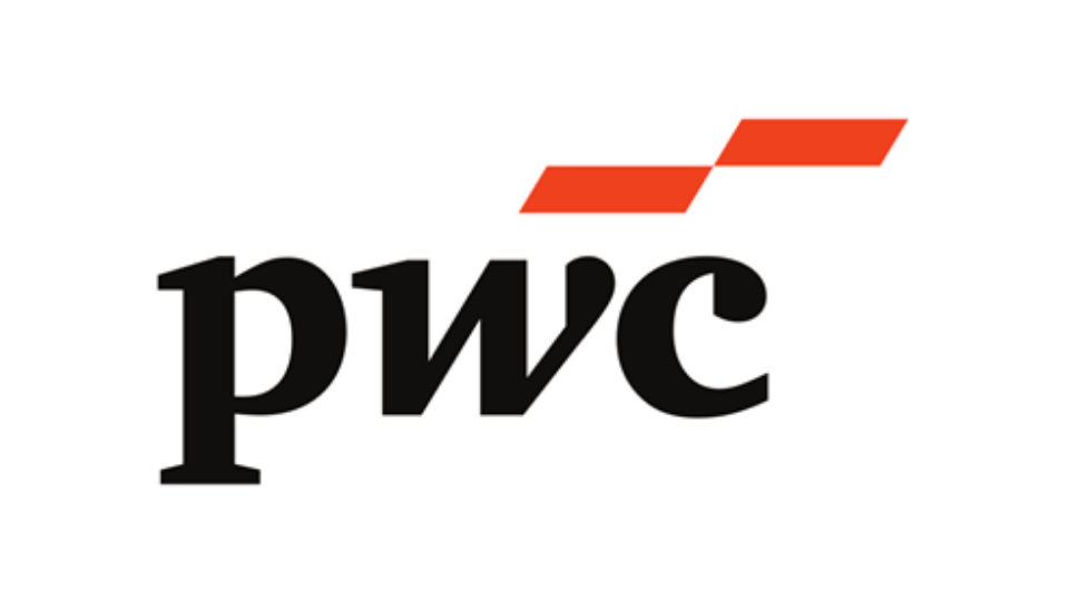 PWC logo with black text and two red diagonal lines above.