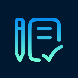 Icon of a pencil, a checklist, and a checkmark, representing writing or completion.