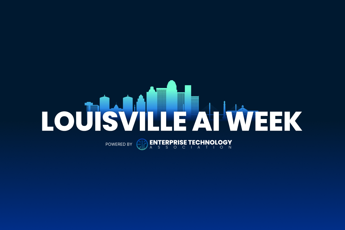 Logo for Louisville AI Week with a city skyline silhouette and text indicating it's powered by Enterprise Technology Association.