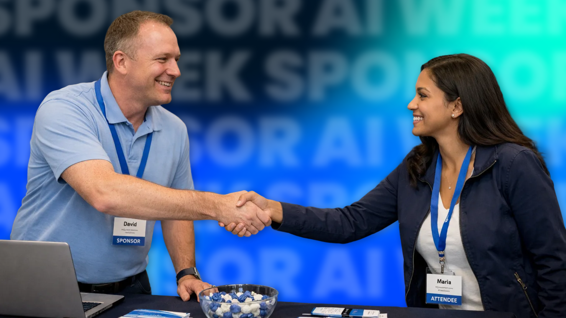 Group of five people at a professional conference, engaging in conversation and using electronic devices, with banners and a presentation screen in the background.
