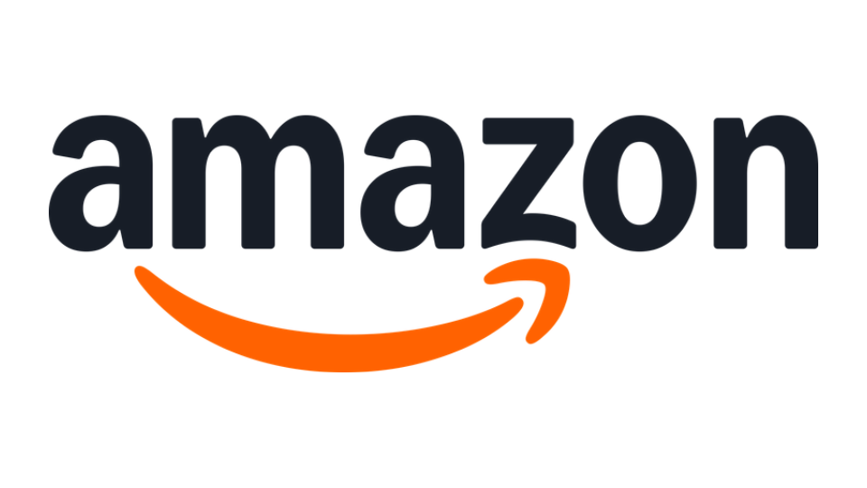 Amazon logo with black text and orange curved arrow underneath.