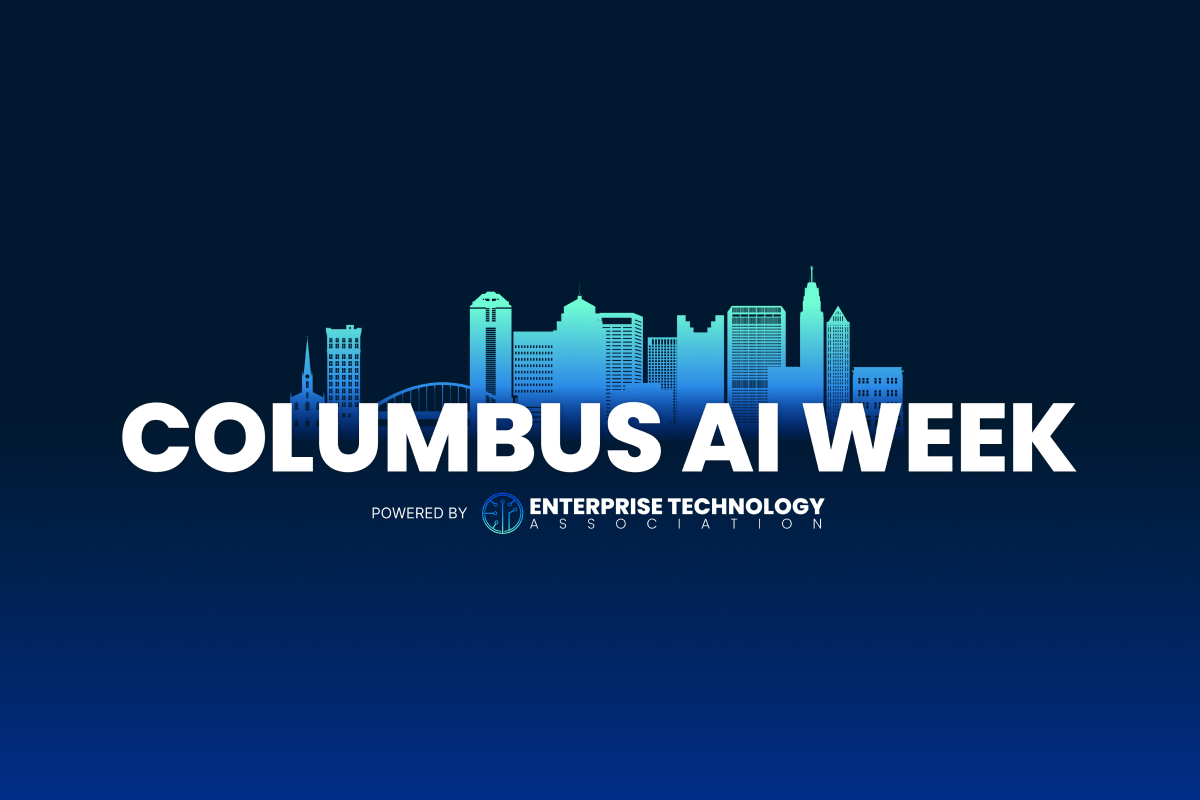 Graphic for Columbus AI Week featuring a city skyline silhouette against a dark blue background with the event name in bold white text and the Enterprise Technology Association logo below.