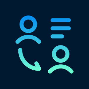 Icon of a person with arrows indicating a profile or contact transfer, next to text lines and a circle with a line, representing communication or contact information.