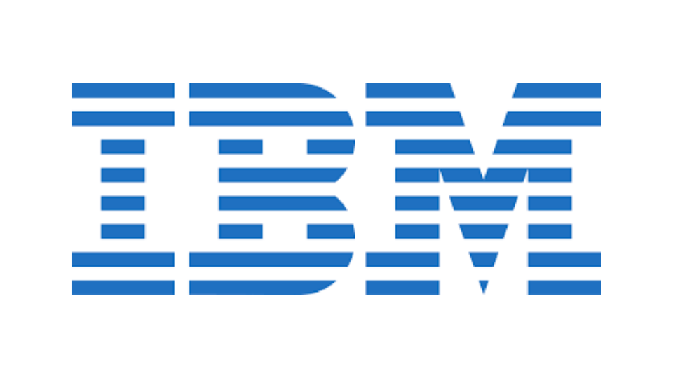 IBM logo in blue with horizontal stripes.