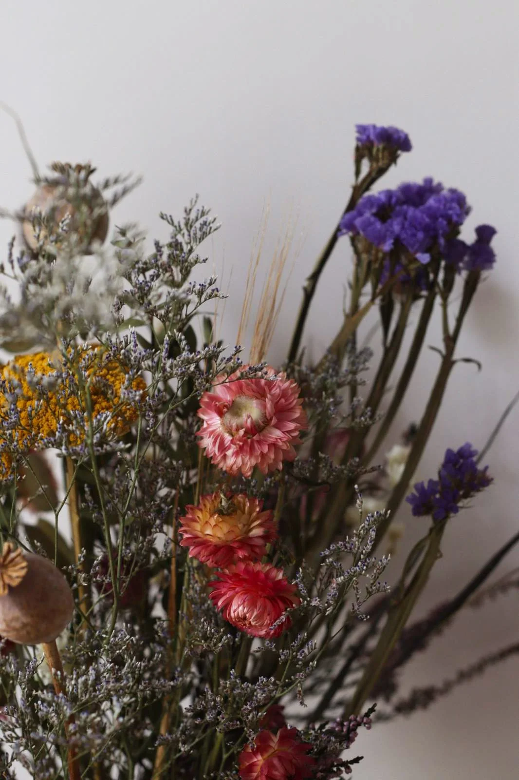 A close-up of a bouquet of dried flowers with purple, pink, yellow, and white blooms against a plain white background.