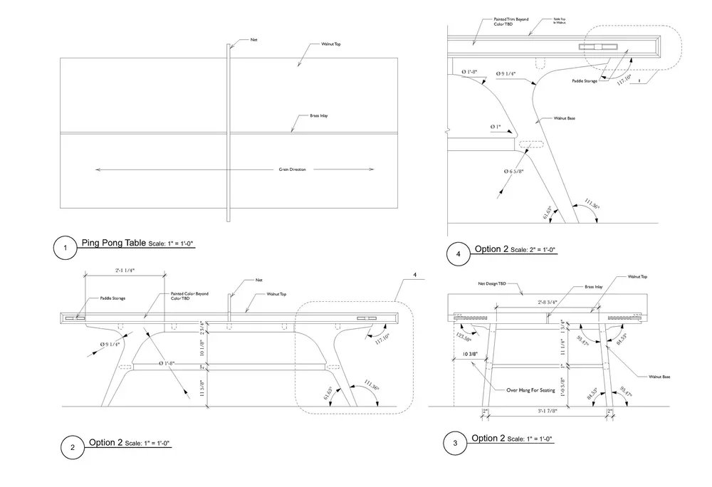 Blueprint diagrams of a ping pong table design with detailed measurements, options, and construction notes.