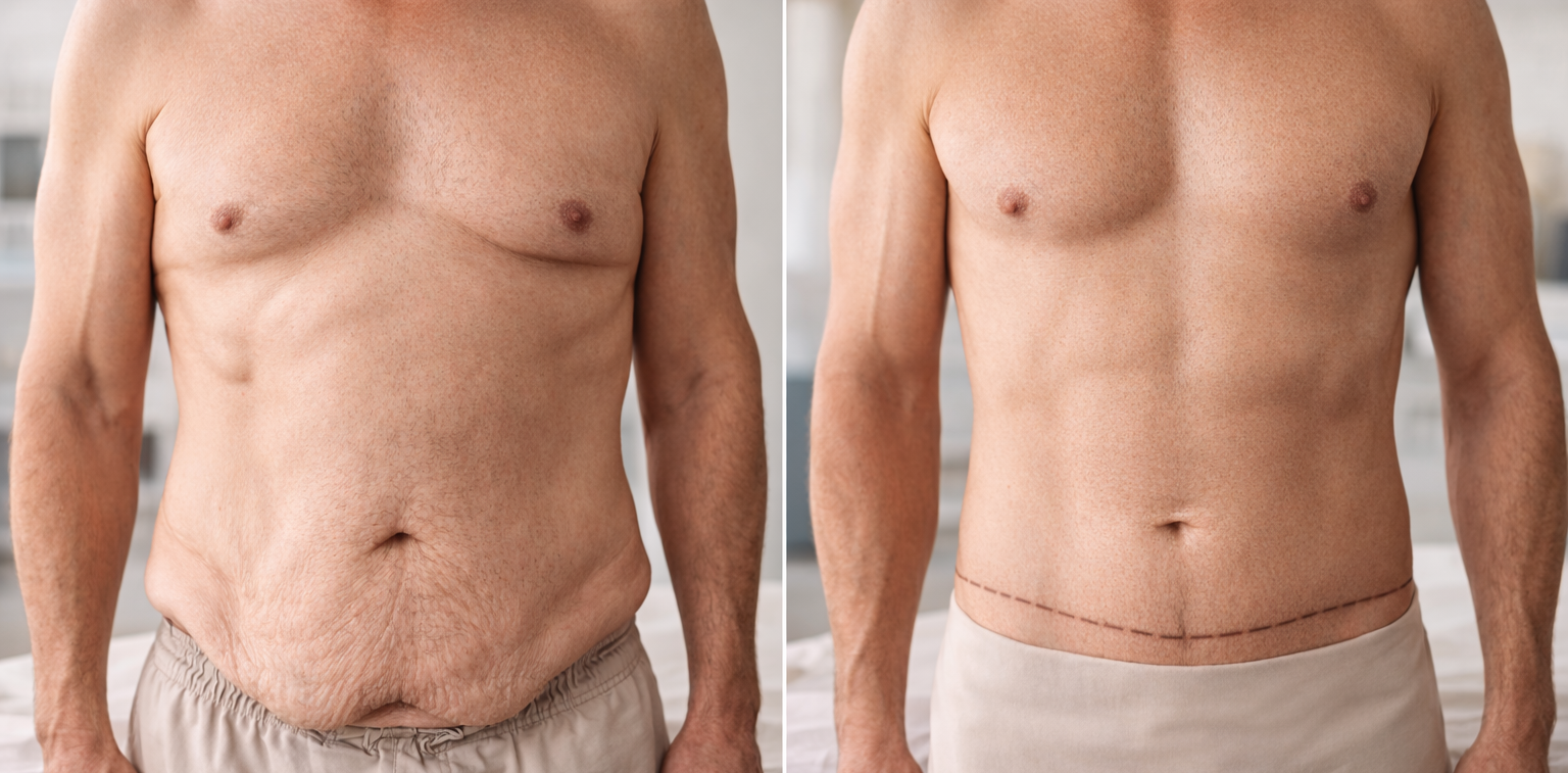 Comparison of a man's torso before and after a tummy tuck, showing a flatter abdomen and surgical scar.