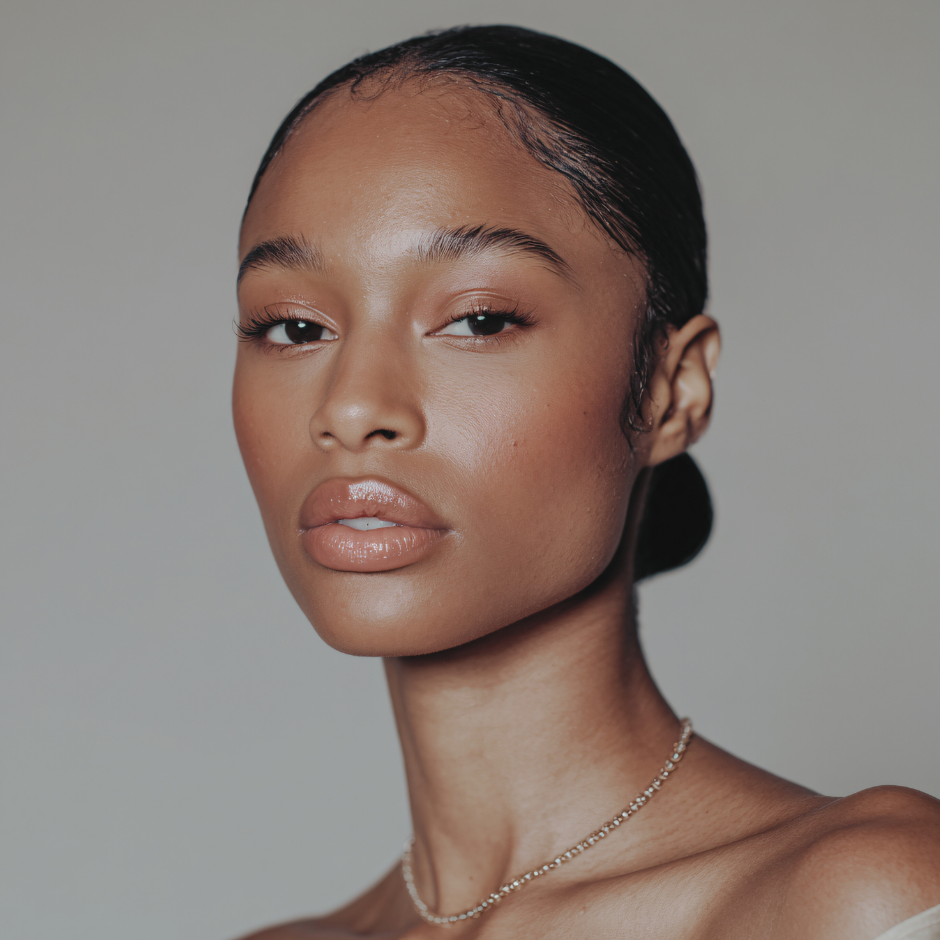 Close-up portrait of a woman with smooth skin, natural makeup, and slicked-back hair, wearing a delicate necklace against a neutral background.