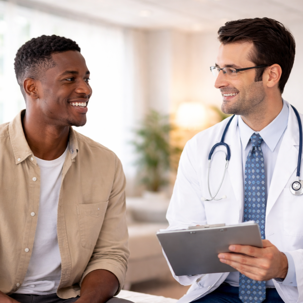 A male doctor talking to a young male patient in a bright, modern medical office. The doctor is holding a clipboard and smiling, while the patient is listening attentively.