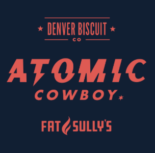 Logo for Denver Biscuit Co featuring Atomic Cowboy and Fat Sully's with a navy blue background and red text.