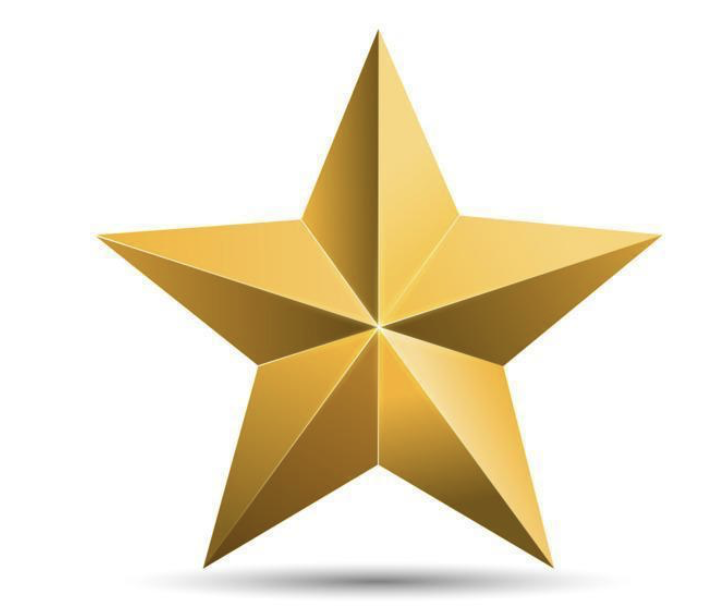 Golden five-point star with 3D shading on white background.