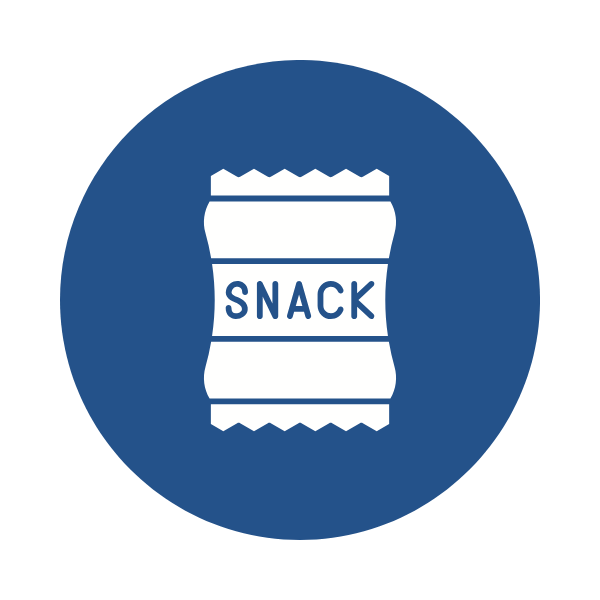 Icon of a snack bar with the word "SNACK" on it, inside a blue circle.