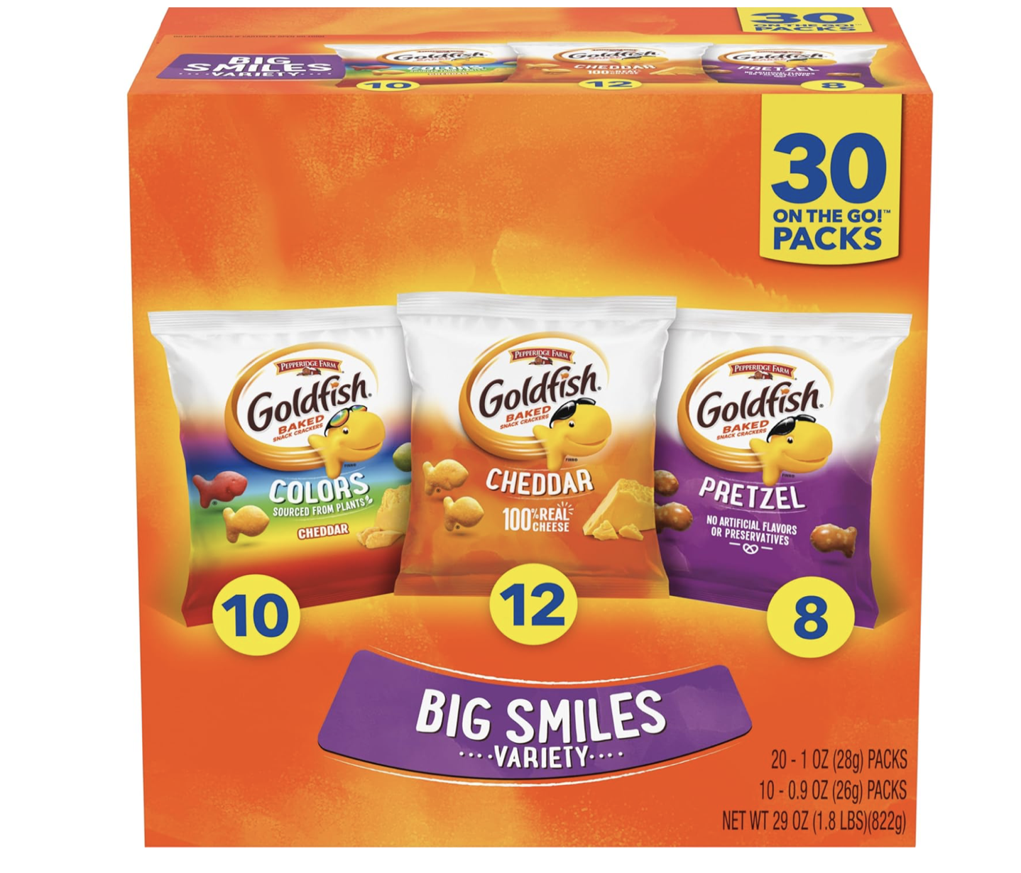 A box of Goldfish snack crackers featuring three different flavors: Colors, Cheddar, and Pretzel, with a bright orange and purple packaging design, and a label indicating 30 packs in total.