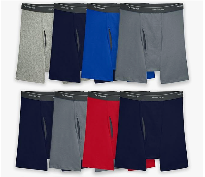 A collection of eight pairs of men's boxer briefs in various colors including gray, navy, blue, red, and black, with the Fruit of the Loom logo on the waistband.