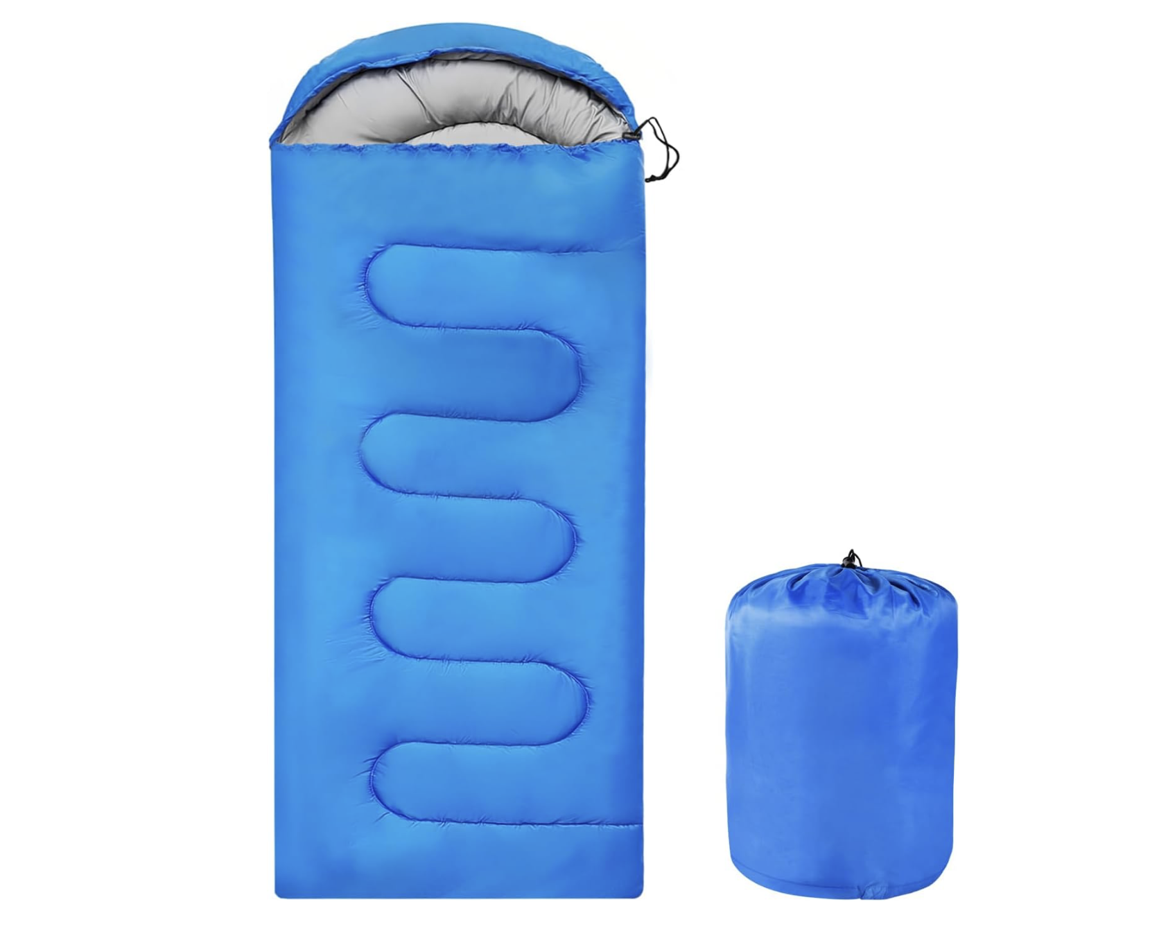 A blue sleeping bag with a gray interior and a black drawstring cord, standing upright next to a matching blue compression sack.