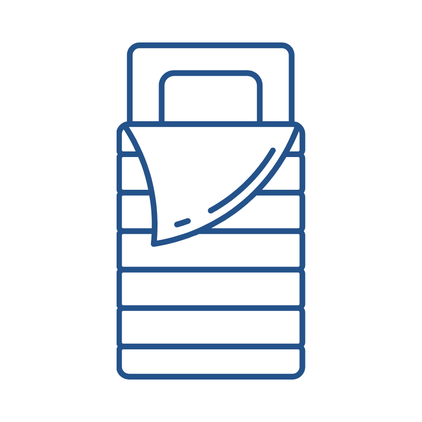 Outline drawing of a neatly made bed with stacked pillows and a decorative blanket hanging over the side, depicted in dark blue lines against a black background.