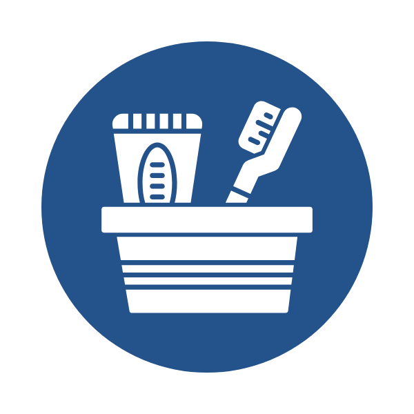 A blue icon of a grooming kit containing a comb, a tube of cream, and a nail file within a striped container.