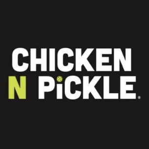 Logo for Chicken N Pickle featuring white and neon yellow text on a black background