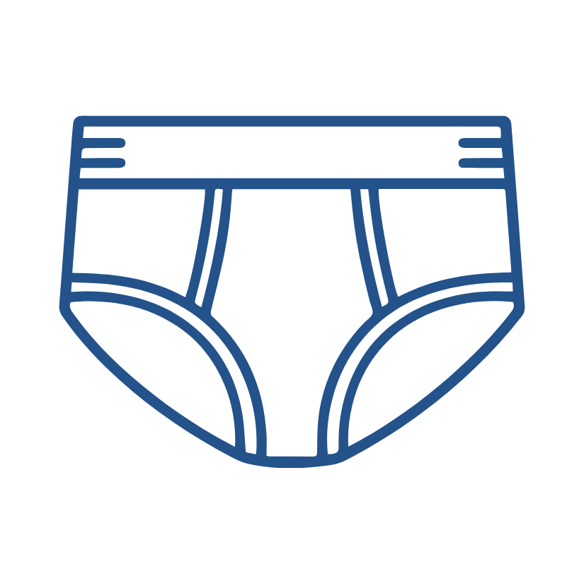 Line drawing of men's underwear, briefs, in dark blue on a black background.