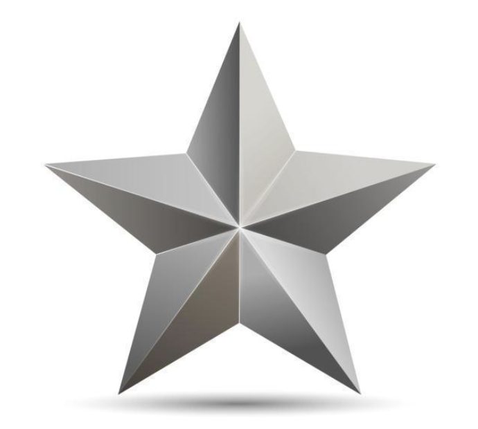 A shiny metallic five-pointed star with a three-dimensional appearance, set against a white background.