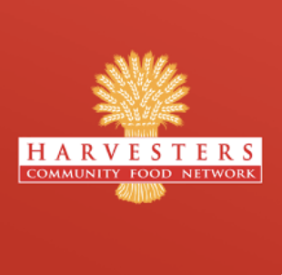 Logo of Harvesters Community Food Network featuring a golden wheat stalk on a red background with the organization's name in white and red text.
