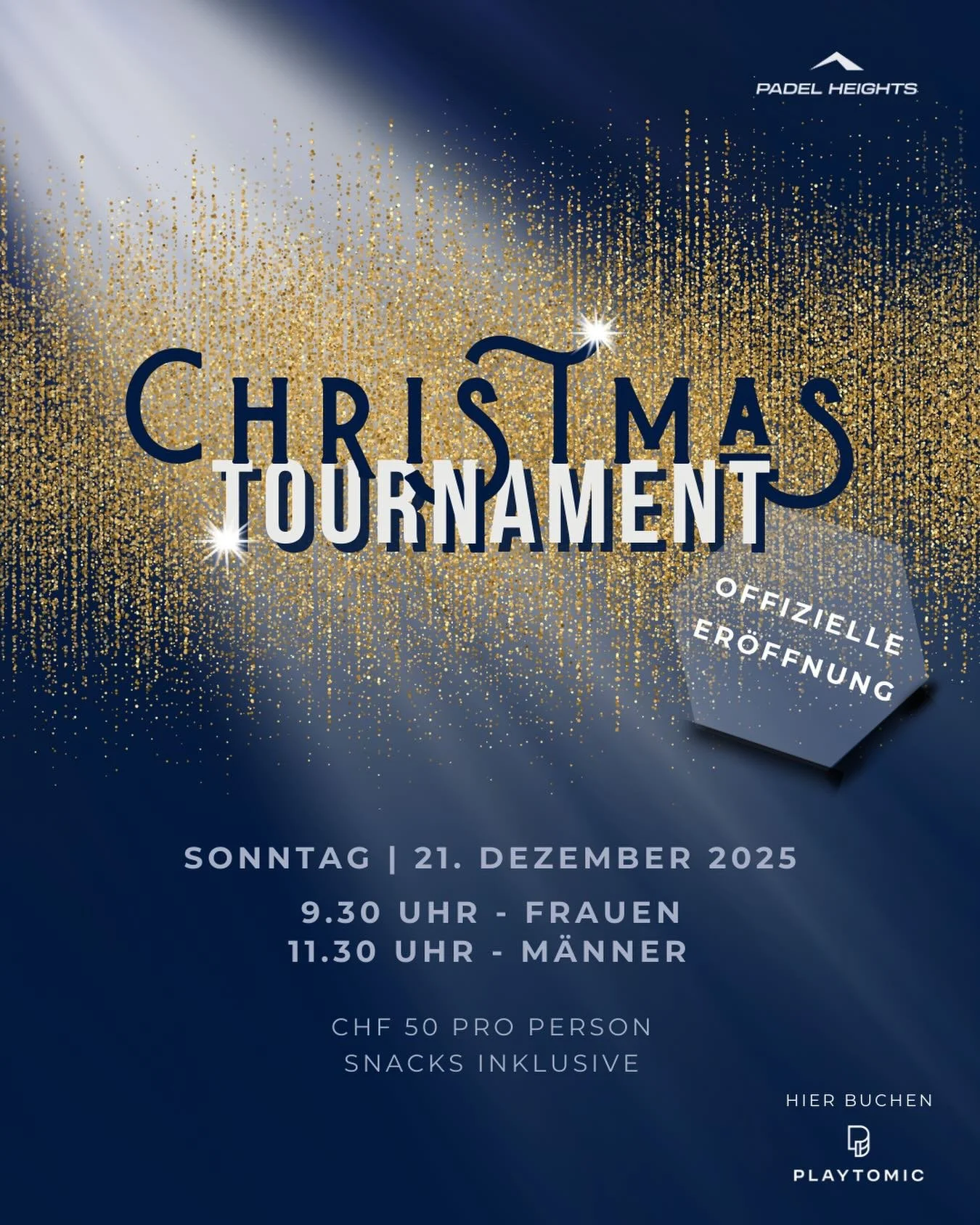 Es geht los &ndash; meldet euch jetzt an! Sei dabei beim Christmas Opening Men&rsquo;s &amp; Women&rsquo;s Americano Turnier 🎄🎾
Snacks, Preise und ein Special Match mit dem Nr. 1 Team der Schweiz. Limitierte Pl&auml;tze &ndash; jetzt deinen Spot si