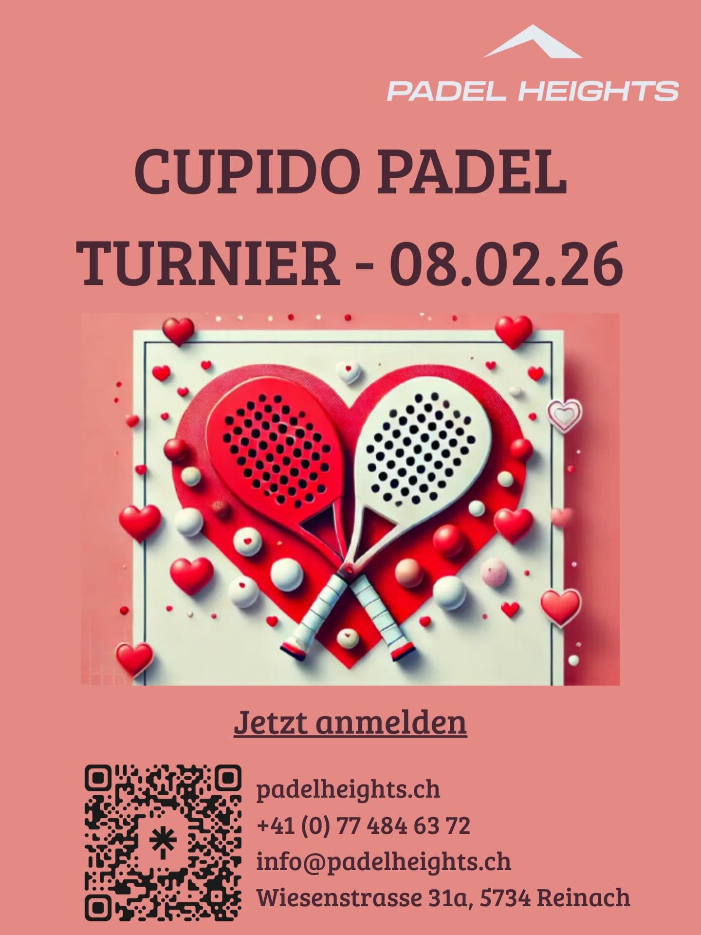 Cupido Padel ❤️
Padel. Emotion. Verbindung.
Spiele als Paar oder Single &ndash; und erlebe Matches, die mehr bewegen als nur den Ball.
📅 08.02.26 | 🎾 Padel Heights