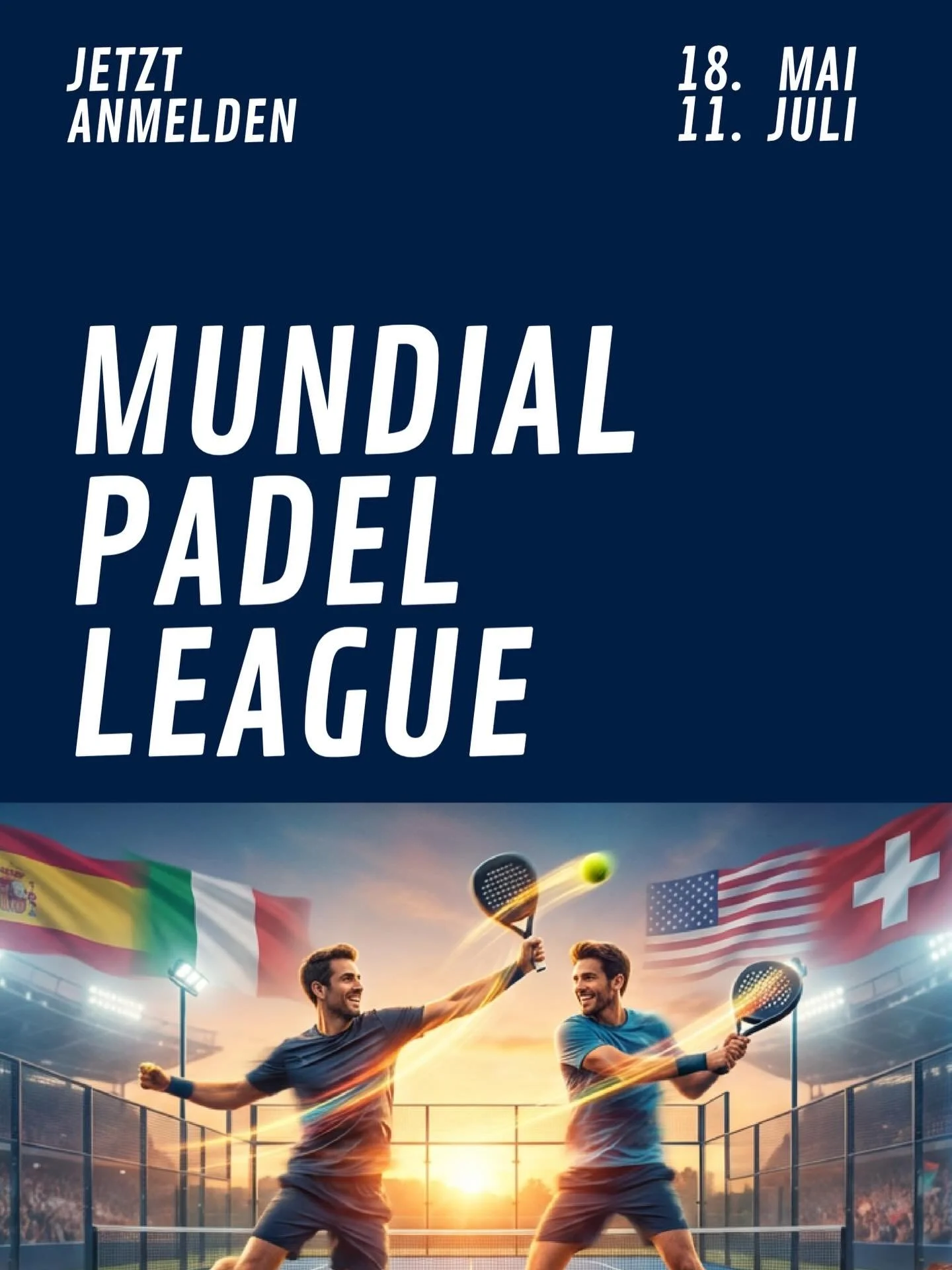 🔥 MUNDIAL PADEL HEIGHTS LEAGUE &ndash; JETZT ANMELDEN! 🌍🎾

Wir starten eine ~8-w&ouml;chige Padel League w&auml;hrend der WM ⚽🔥

👥 2er-Teams
📅 Flexible Matches (ihr entscheidet wann)
🏆 Gruppenphase + Finals
🎾 1.5h Matches zum Spezialpreis
🍝 