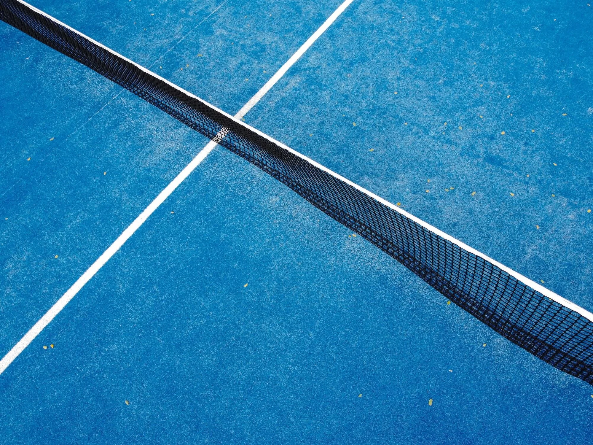 Blick auf einen blauen Padelplatz mit weissen Markierungen und einem schwarzen Padelnetz.